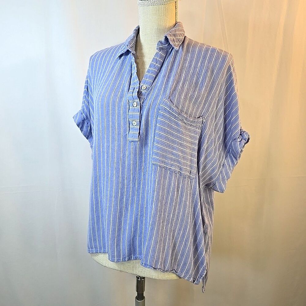 ee:some Blue w White Stripe Button-Up Blouse Size Large 100% Cotton Relaxed fit